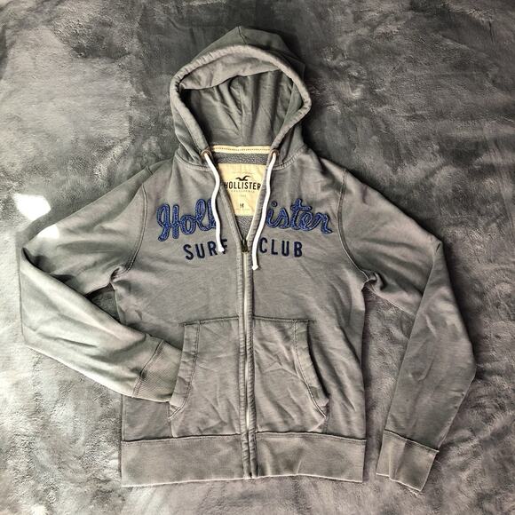 Hollister Surf Club VTG Y2K Hoodie Sweatshirt Unisex M Full Zip Grey Spellout - Picture 9 of 9